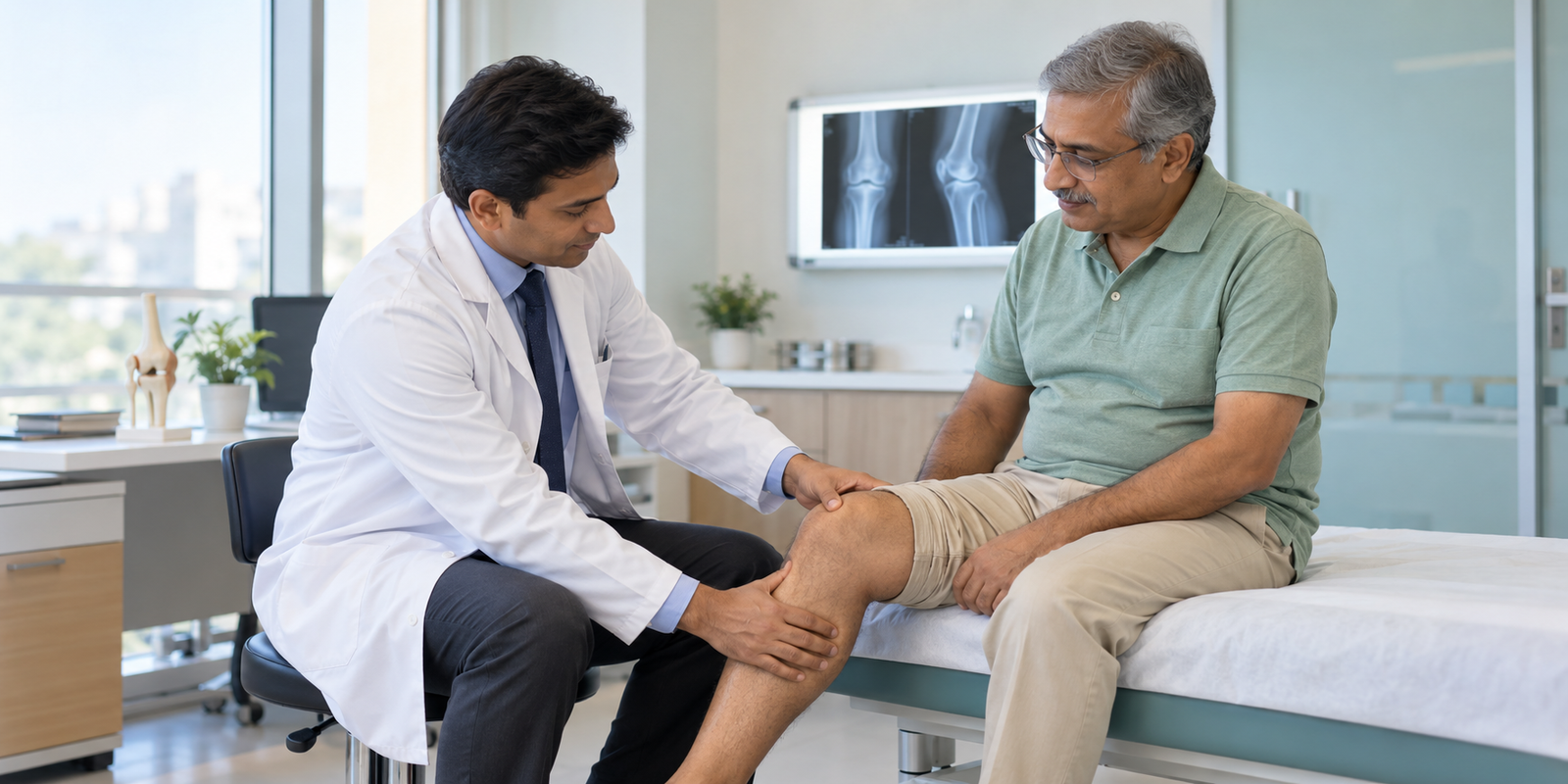 Orthopaedic doctor examining the knee of a patient with arthritis