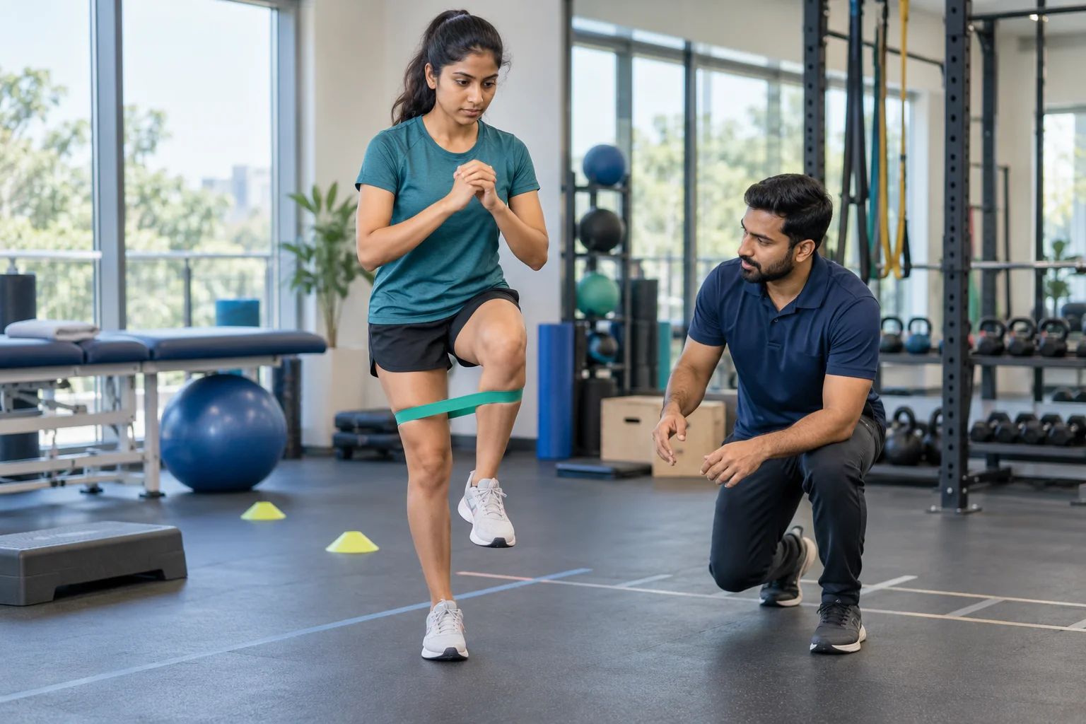 Young Indian athlete performing supervised knee ligament rehabilitation