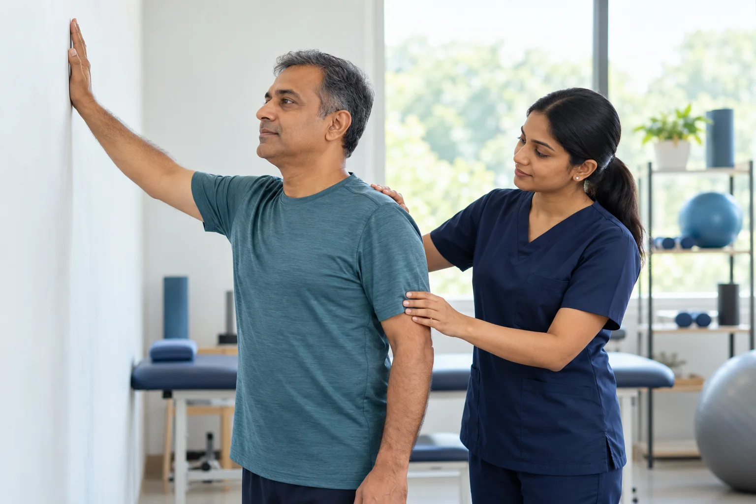 Indian patient performing a gentle wall-assisted shoulder mobility exercise with supervision