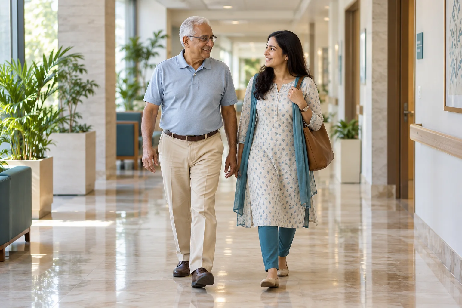 Older Indian patient walking comfortably with a family member in a hospital corridor