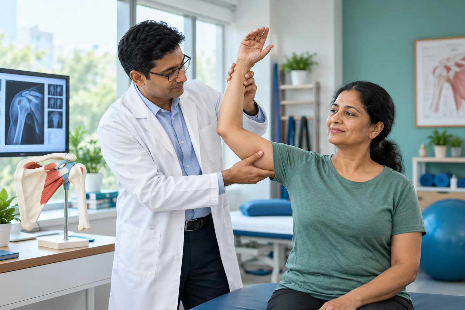 Dr. Hitesh Mangal assessing a patient&rsquo;s shoulder range of motion