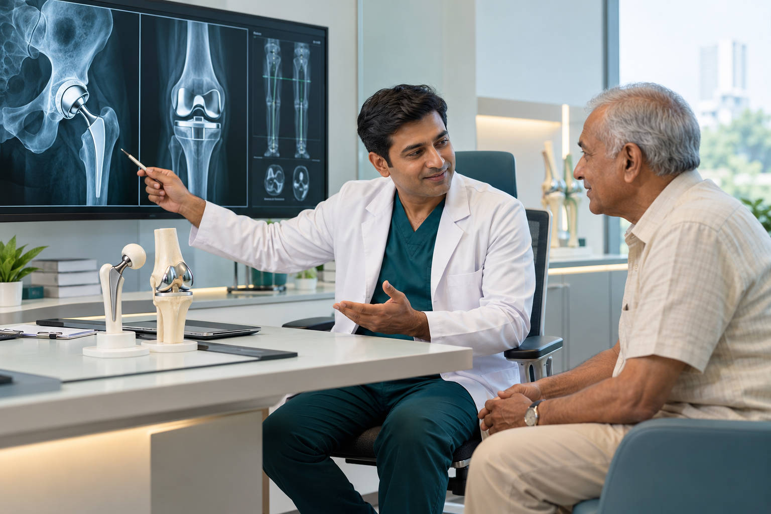 Joint replacement surgeon reviewing an individual treatment plan