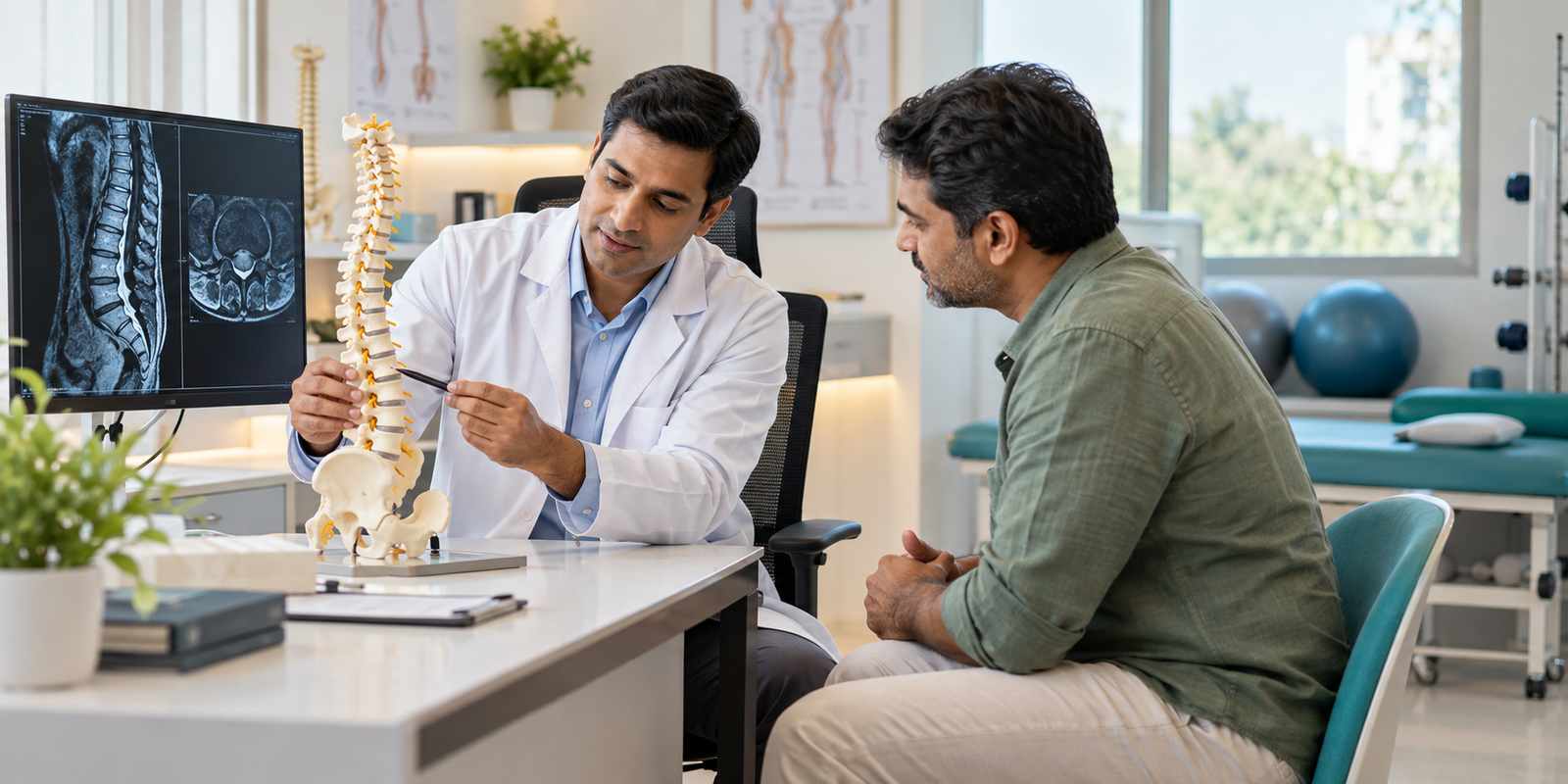 Orthopaedic doctor explaining a spine scan and model during a specialist consultation